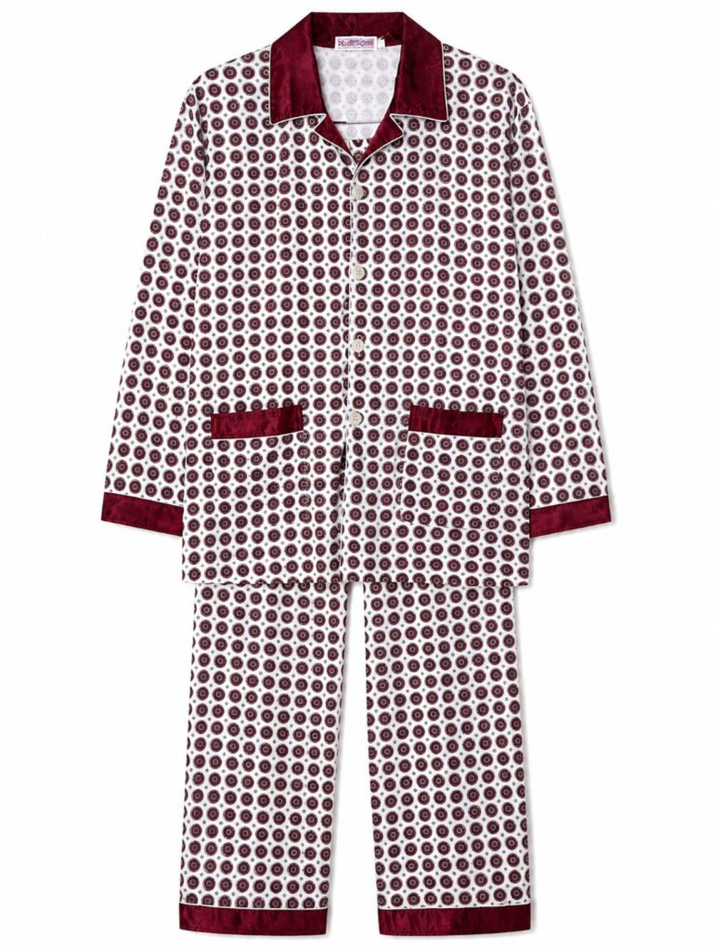Vintage Men's Pajama Set Sz M 40 Flannel Feel Satin Trim 2 Piece Cream/Burgundy